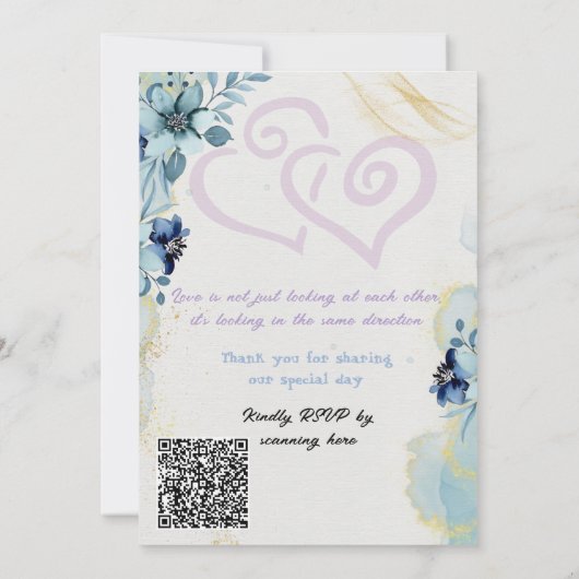 Blue Floral Gold Elegant Wedding Invitation Set 招待状 (裏面)