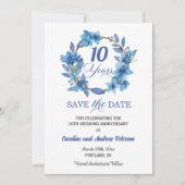 Blue Floral Gold Frame 10th Wedding Anniversary セーブザデート (正面)