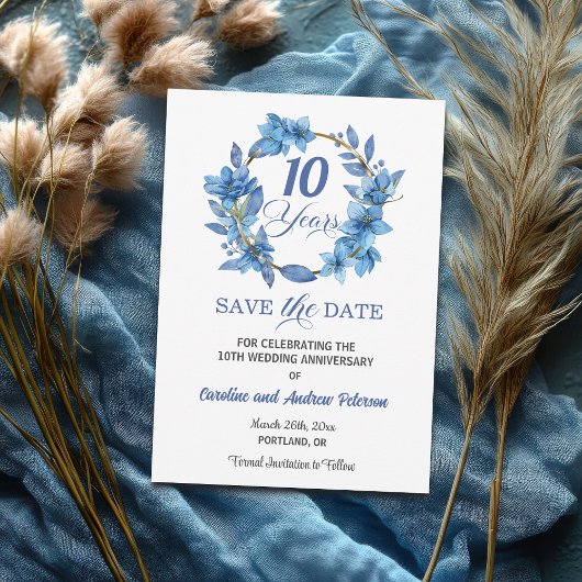 Blue Floral Gold Frame 10th Wedding Anniversary セーブザデート