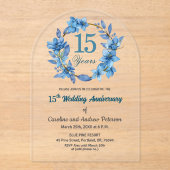  Blue Floral Gold Frame 15th Wedding Anniversary  アクリル招待状 (正面)