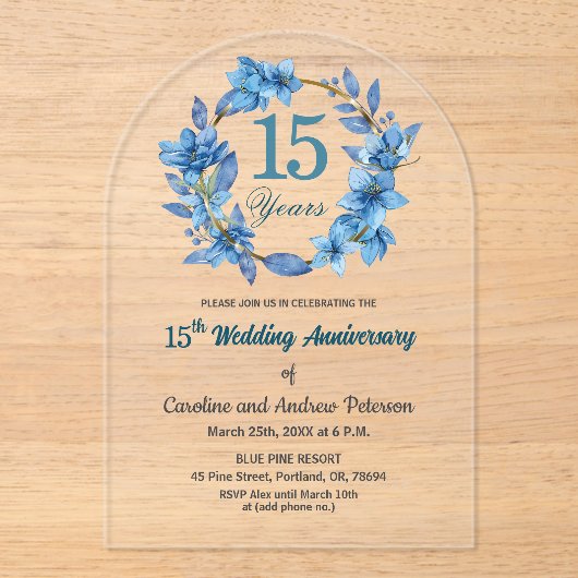  Blue Floral Gold Frame 15th Wedding Anniversary  アクリル招待状 (正面)