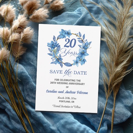Blue Floral Gold Frame 20th Wedding Anniversary セーブザデート