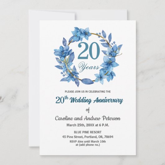  Blue Floral Gold Frame 20th Wedding Anniversary  招待状 (正面)