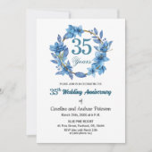  Blue Floral Gold Frame 35th Wedding Anniversary  招待状 (正面)