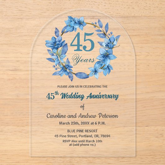 Blue Floral Gold Frame 45th Wedding Anniversary アクリル招待状 (正面)
