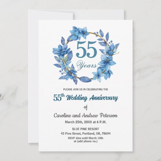  Blue Floral Gold Frame 55th Wedding Anniversary  招待状 (正面)
