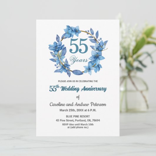  Blue Floral Gold Frame 55th Wedding Anniversary  招待状 (スタンド正面)