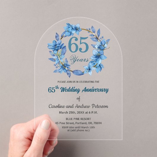  Blue Floral Gold Frame 65th Wedding Anniversary  アクリル招待状 (インサイチュ (ポータブル))