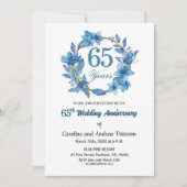 Blue Floral Gold Frame 65th Wedding Anniversary 招待状 (正面)