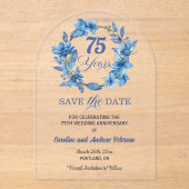 Blue Floral Gold Frame 75th Wedding Anniversary アクリル招待状 (正面)