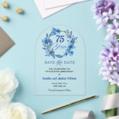 Blue Floral Gold Frame 75th Wedding Anniversary アクリル招待状 (インサイチュ (ウェディング))