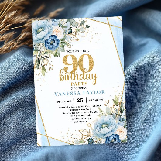 Blue Floral Gold Frame Elegant 90th Birthday  招待状