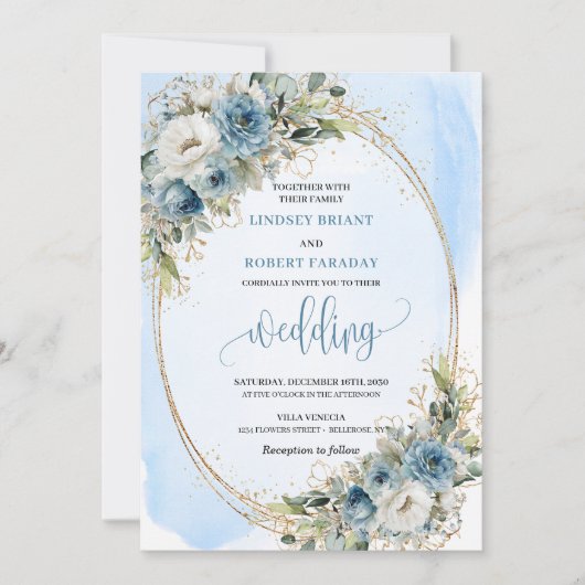 Blue Floral Gold Frame Wedding Invitation 招待状 (正面)