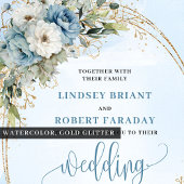 Blue Floral Gold Frame Wedding Invitation 招待状