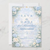 Blue Floral Gold Garden Quinceañera セーブザデート (正面)