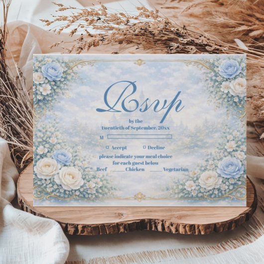 Blue Floral Gold Garden Quinceañera 出欠カード