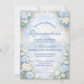 Blue Floral Gold Garden Quinceañera 招待状 (正面)