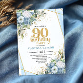 Blue Floral Gold Glitter 90th Birthday Celebration 招待状