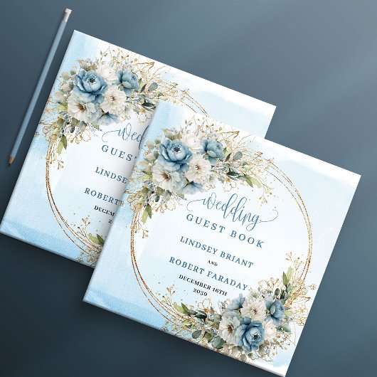Blue Floral Gold Glitter Wedding Sign In Book ゲストブック