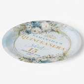 Blue Floral Gold Personalized Quinceañera Plates ペーパープレート (アングル)
