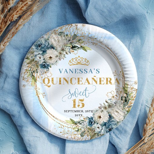 Blue Floral Gold Personalized Quinceañera Plates ペーパープレート