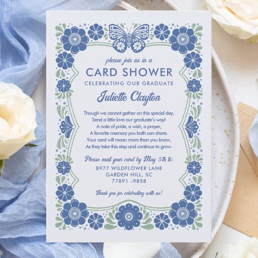 Blue Floral Graduation Card Shower Invitation 招待状