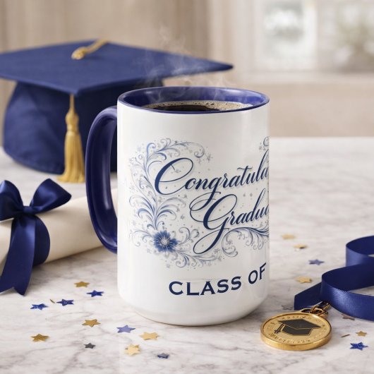 Blue Floral Graduation Script with Custom Year マグカップ
