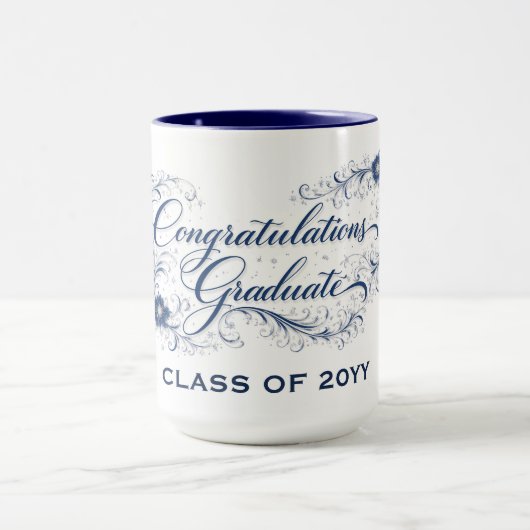 Blue Floral Graduation Script with Custom Year マグカップ (中央)