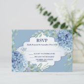 Blue Floral Green Leaves Frame Elegant Wedding 出欠カード (スタンド正面)