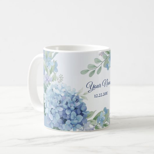 Blue Floral Green Leaves Frame Wedding Party コーヒーマグカップ (正面左)