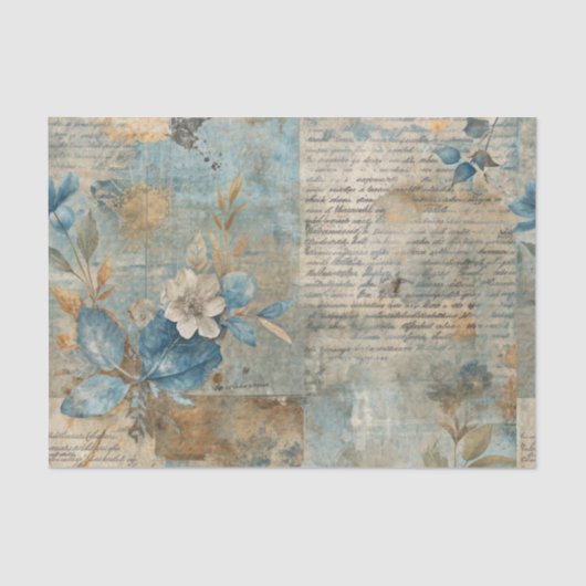 Blue Floral Grungy Distressed Ephemera Collage 薄葉紙 (正面)