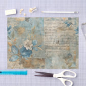 Blue Floral Grungy Distressed Ephemera Collage 薄葉紙 (クラフト)