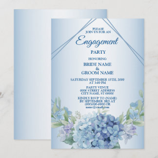 Blue Floral Herbal Dusty Vintage Engagement Party 招待状