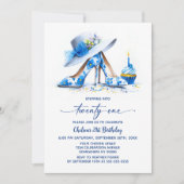 Blue Floral High Heel Shoes 21st Birthday Party 招待状 (正面)