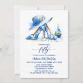 Blue Floral High Heel Shoes 50th Birthday Party 招待状 (正面)