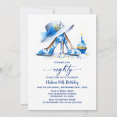 Blue Floral High Heel Shoes 80th Birthday Party 招待状 (正面)