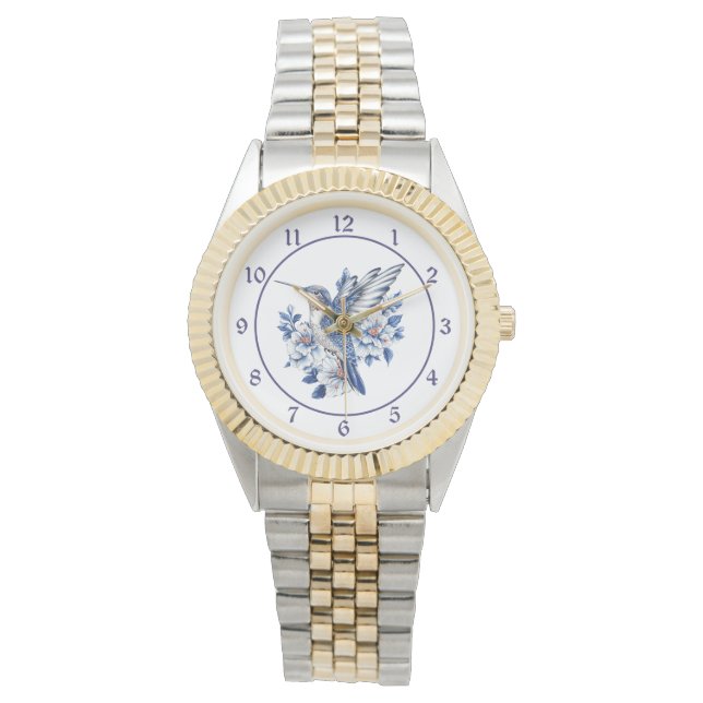 Blue Floral Hummingbird 腕時計 (正面)