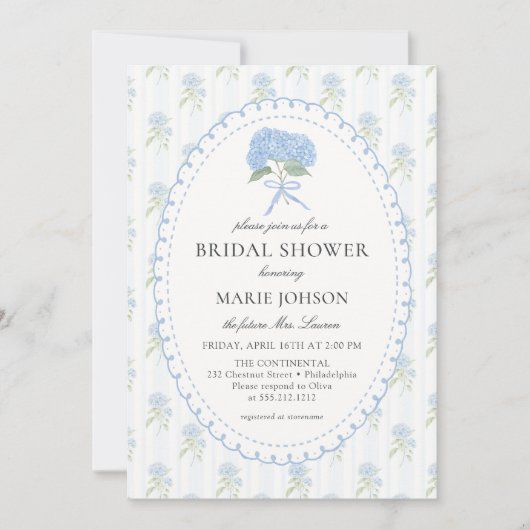 Blue Floral Hydrangea Bridal Shower Invitation 招待状 (正面)