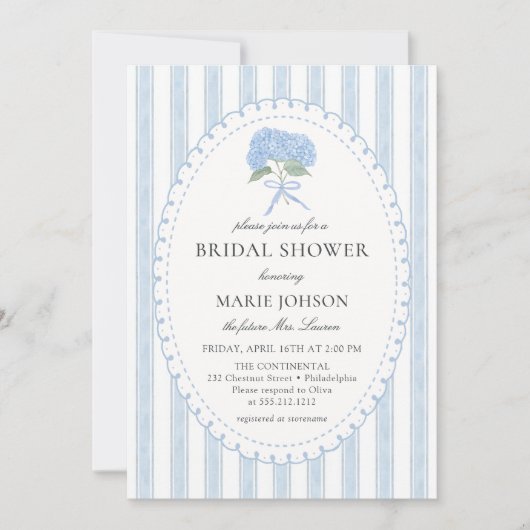 Blue Floral Hydrangea Bridal Shower Invitation 招待状 (正面)