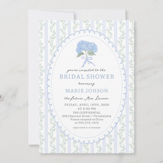 Blue Floral Hydrangea Bridal Shower Invitation 招待状 (正面)