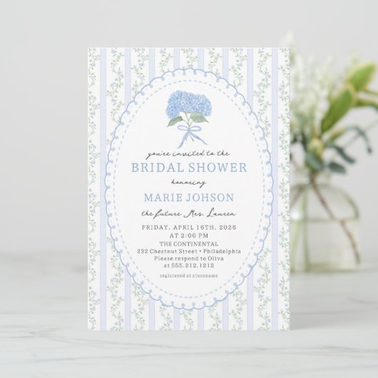 Blue Floral Hydrangea Bridal Shower Invitation 招待状 (スタンド正面)
