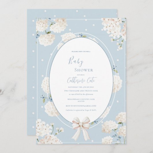 Blue Floral Hydrangea Elegant Baby Shower 招待状 (正面/裏面)
