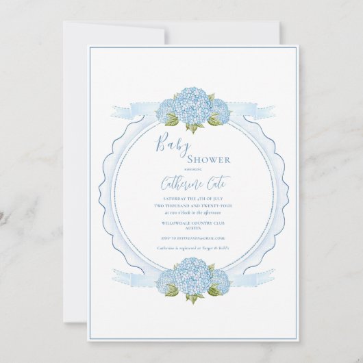 Blue Floral Hydrangea Elegant Baby Shower  招待状 (正面)