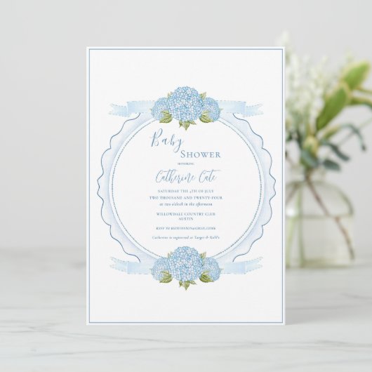 Blue Floral Hydrangea Elegant Baby Shower  招待状 (スタンド正面)
