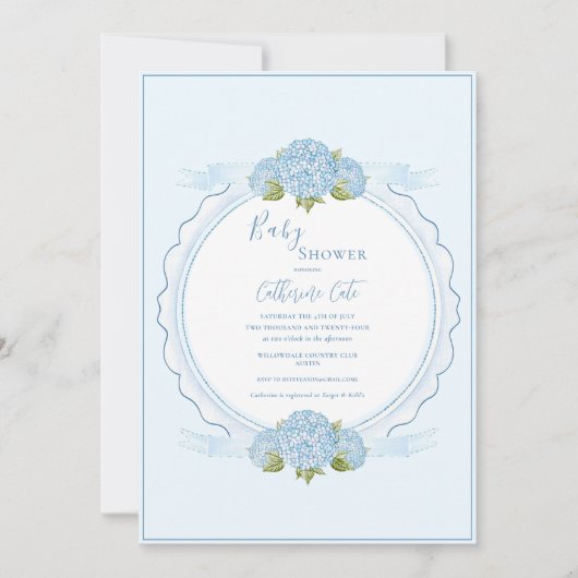 Blue Floral Hydrangea Elegant Baby Shower  招待状 (正面)