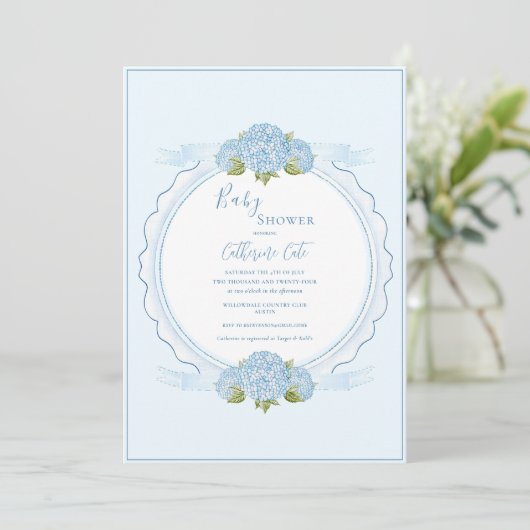 Blue Floral Hydrangea Elegant Baby Shower  招待状 (スタンド正面)