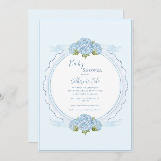 Blue Floral Hydrangea Elegant Baby Shower  招待状 (正面/裏面)