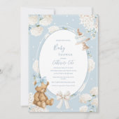 Blue Floral Hydrangea Elegant Bear Baby Shower 招待状 (正面)