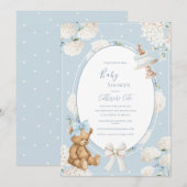 Blue Floral Hydrangea Elegant Bear Baby Shower 招待状 (正面/裏面)