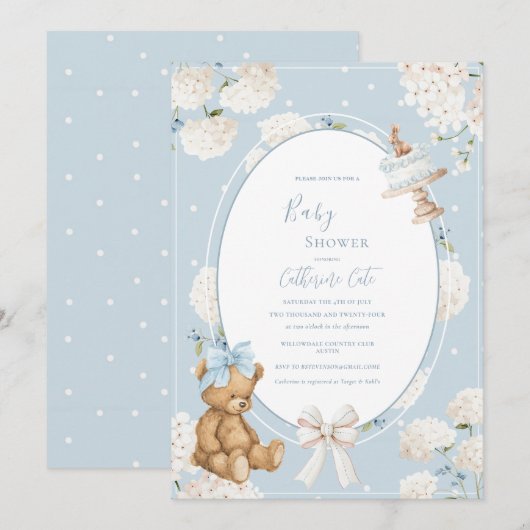 Blue Floral Hydrangea Elegant Bear Baby Shower 招待状 (正面/裏面)